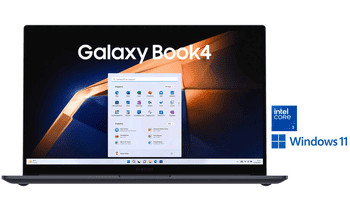 Laptop Galaxy Book4 com tela e interface moderna.