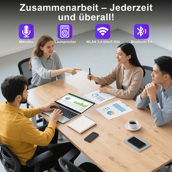 Equipe em reunião usando tecnologia Haus Mobil 24 ® para colaboração eficiente.