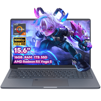 Laptop Haus Mobil 24 ® com personagem futurista e efeitos de luz vibrantes.