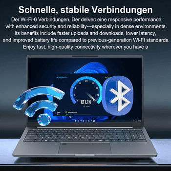 Imagem de um laptop exibindo ícones de Wi-Fi e Bluetooth, destacando a tecnologia Haus Mobil 24 ® par.