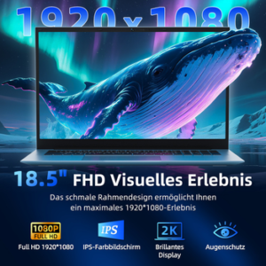 MENGHU 18,5-Zoll FHD Laptop, 16GB RAM 1TB SSD, Sicherheitsschloss, RJ45, HDMI Notebook