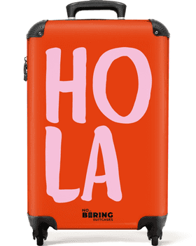 NoBoringSuitcases.com© Hartschalen-Trolley Rot und rosa Zitat 'hola' 55x35x20cm, 4 Rollen, Handgepäck Koffer & Trolleys, Luggage, Reisekoffer Frauen