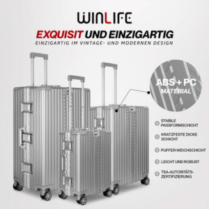 WINLIFE Trolley Hartschalen-Koffer Alu-Rahmen Silber Trolley M, L, XL + Nackenkissen, 4 Doppelrollen Rollen, ABS+PC-Hartschale, TSA-Zahlenschloss, 360°-Doppelrollen