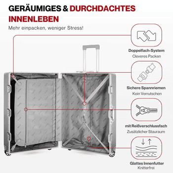 WINLIFE Trolley Hartschalen-Koffer Alu-Rahmen Silber Trolley M, L, XL + Nackenkissen, 4 Doppelrollen Rollen, ABS+PC-Hartschale, TSA-Zahlenschloss, 360°-Doppelrollen – Bild 3