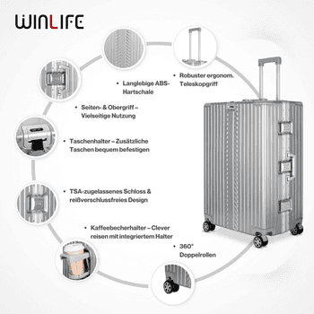 WINLIFE Trolley Hartschalen-Koffer Alu-Rahmen Silber Trolley M, L, XL + Nackenkissen, 4 Doppelrollen Rollen, ABS+PC-Hartschale, TSA-Zahlenschloss, 360°-Doppelrollen – Bild 5