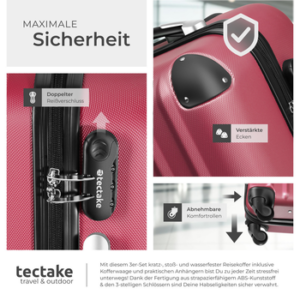 tectake Trolley Hartschalenkofferset mit Teleskopgriff und Sicherheits-Zahlenschloss, 4 Rollen, 360° drehbare, abnehmbare Rollen, weinrot