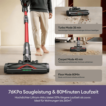 Ultenic Akku-Hand-und Stielstaubsauger akkustaubsauger,kabellos,8 in 1/76000PA/80min, 600 W, beutellos, 180°flexibles Biegegelenk, selbststehendes Design