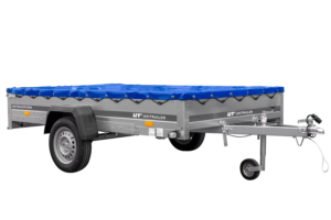 Einachsanhänger 264×150 UNITRAILER GARDEN 265 KIPP mit einem Flachplanenträger und blauer Plane-Neu