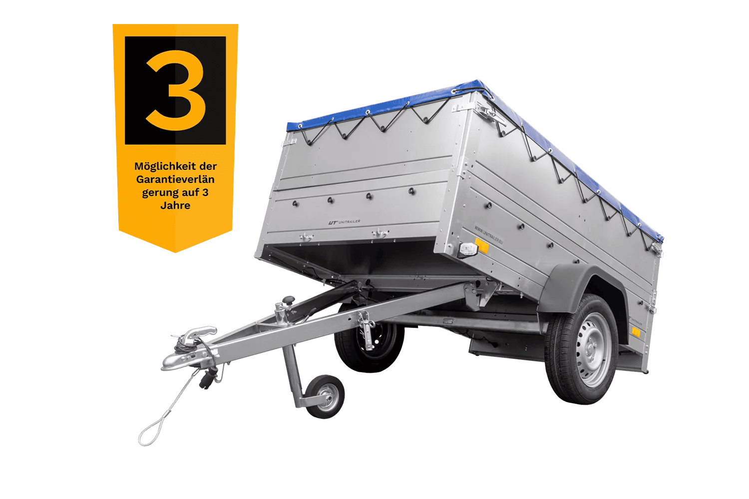 Kfz Anhänger 750 kg Garden Trailer 201 KIPP mit zusätzlichen Bordwänden, Stützrad und blauer Flachplane-Neu – Bild 3